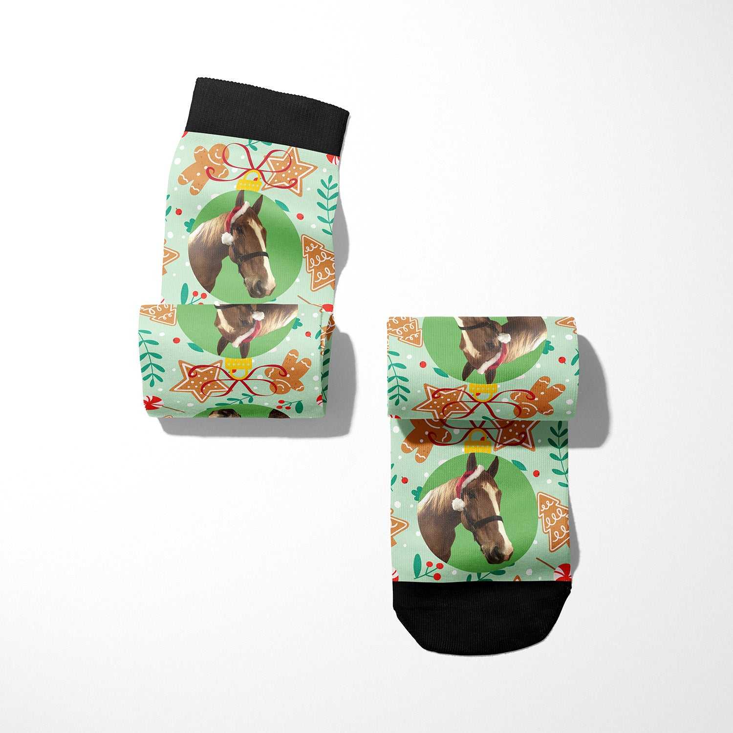 Custom socks with gingerbread cookie and horse design on light green background