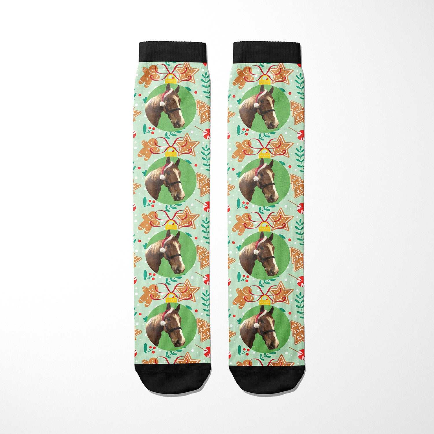 Custom socks with gingerbread cookie and horse design on a light green background