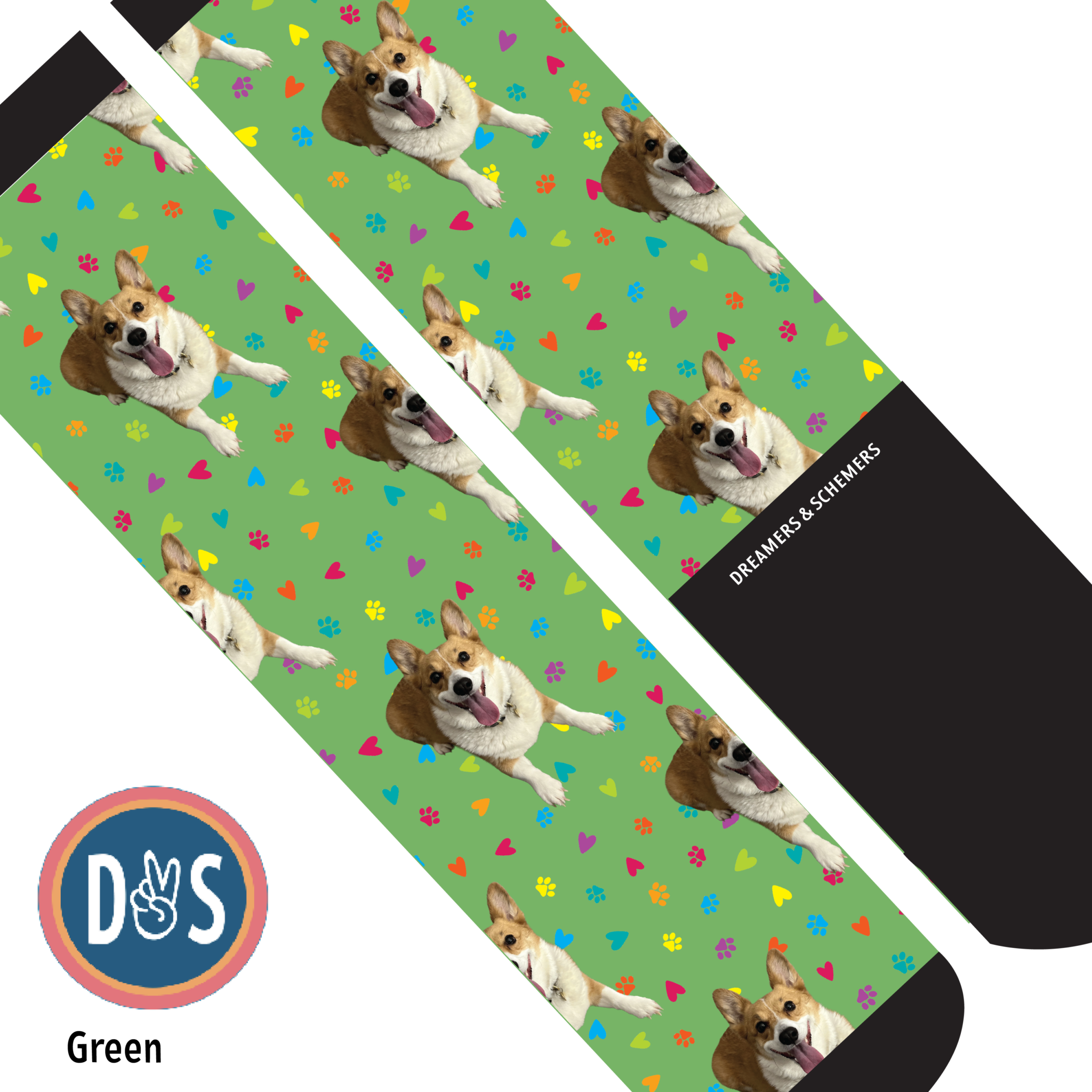 Green custom boot socks with a repeated corgi dog pattern and colorful paw prints