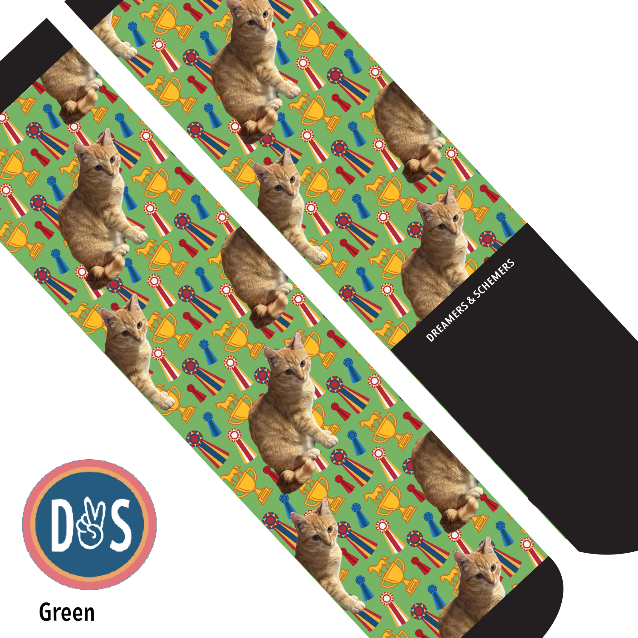 Custom green boot socks with cat and trophy pattern by Dreamers & Schemers