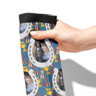 Custom boot socks featuring personalized horseshoes and winner winner design