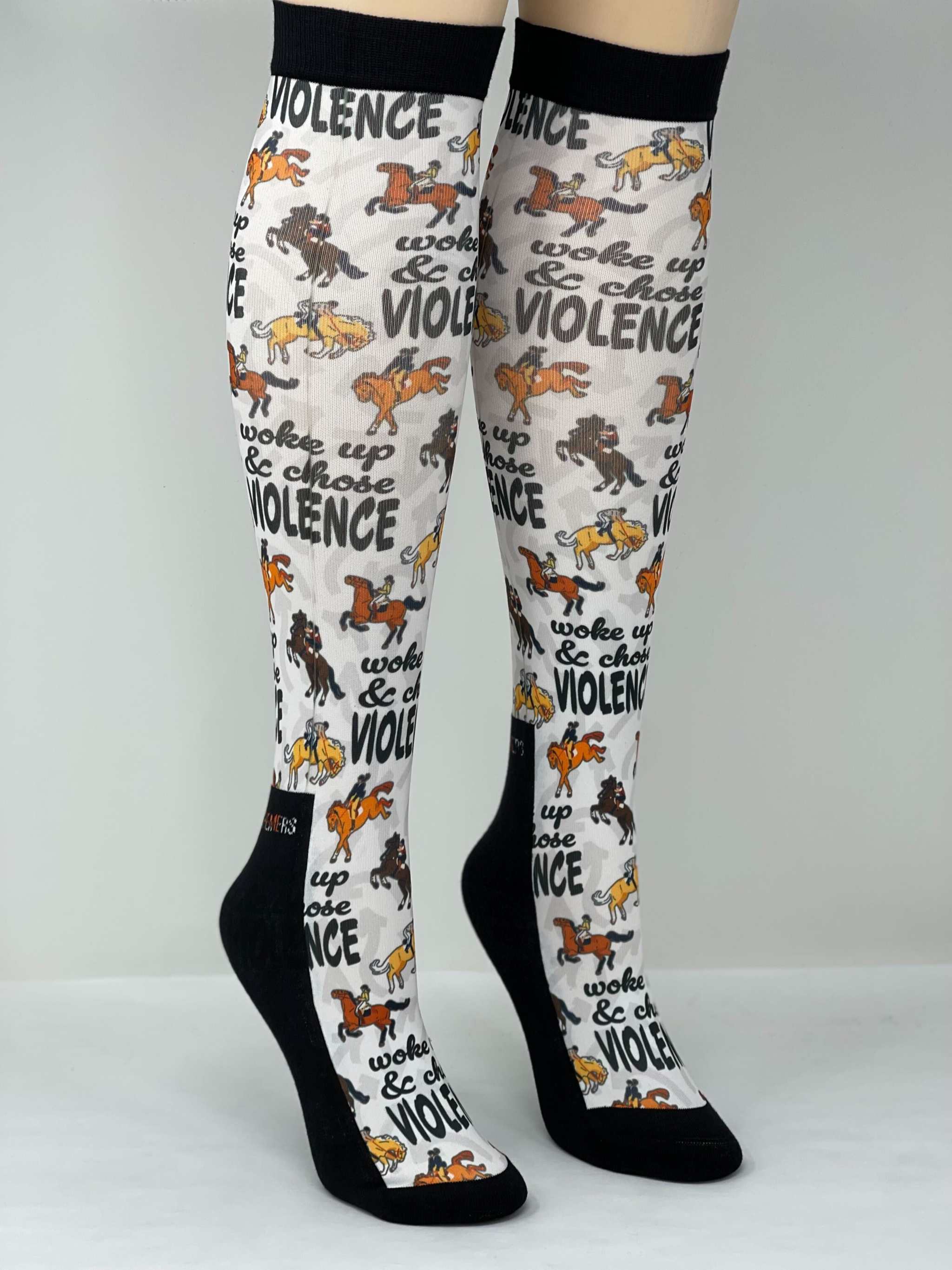 Woke Up Chose Violence Socks with horse print and bold text design, knee-high, black and white, made in USA
