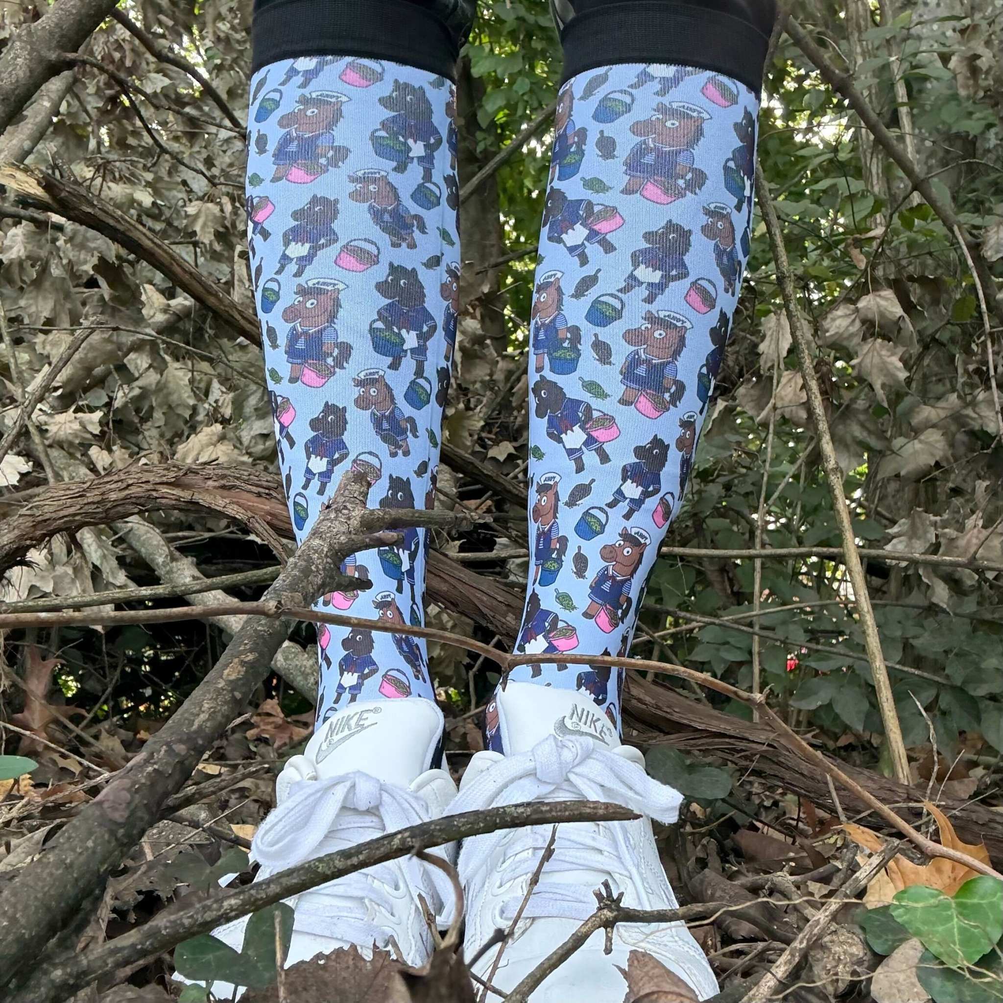 Limited edition Scoops Ahoy boot socks with horse and ice cream parlor design, soft and stretchy, made in USA