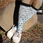 Limited Edition Pony Island Alphabet Horses socks featuring colorful pony and alphabet design worn outdoors