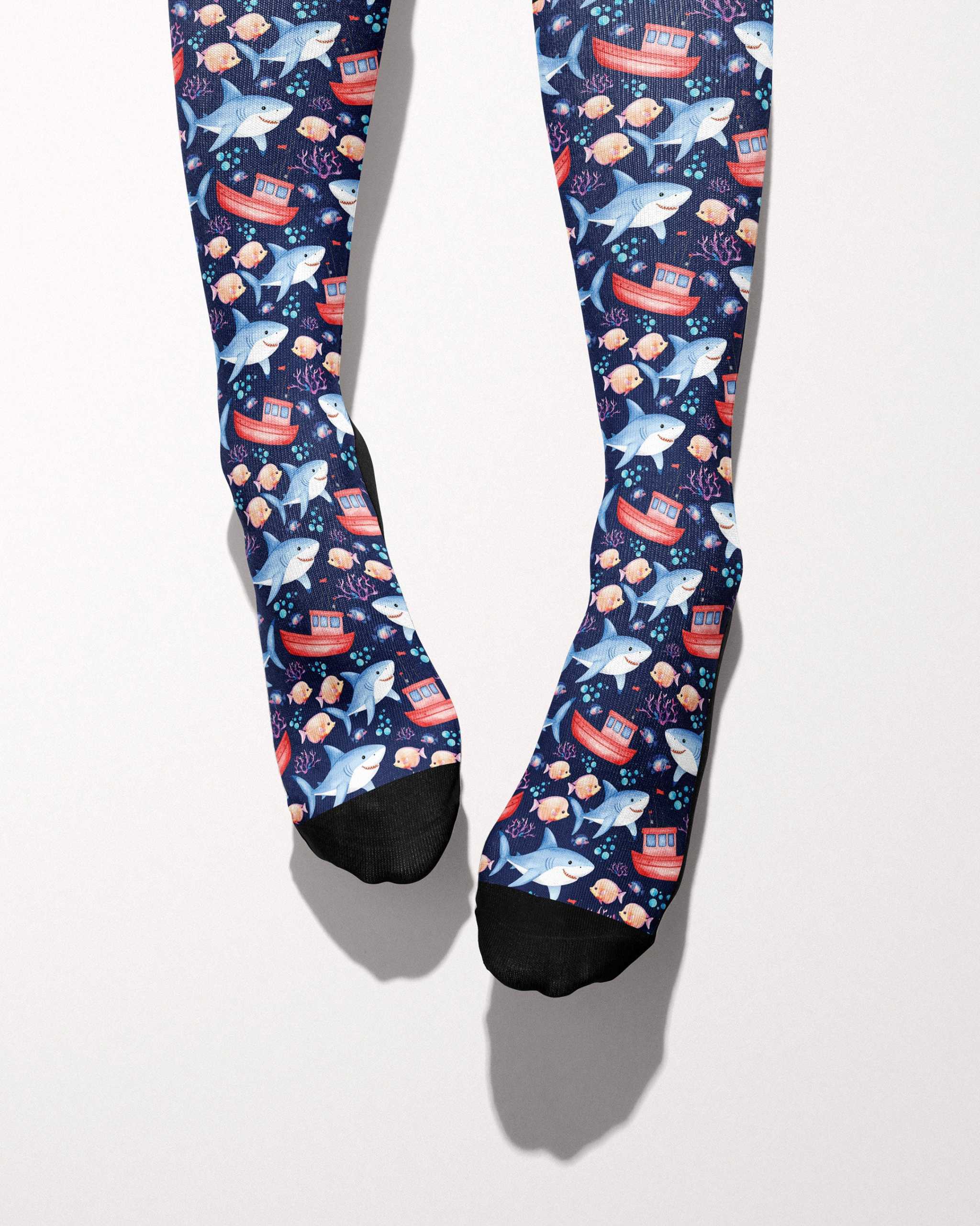 Jaws secret limited edition boot socks with shark jaws ocean in blue, by Dreamers & Schemers