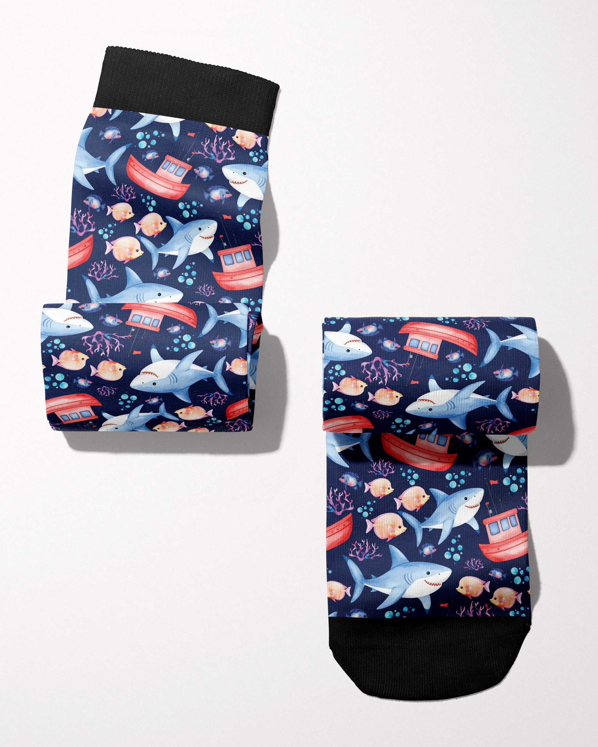 Jaws secret limited edition boot socks featuring shark jaws ocean, alternate angle, by Dreamers & Schemers