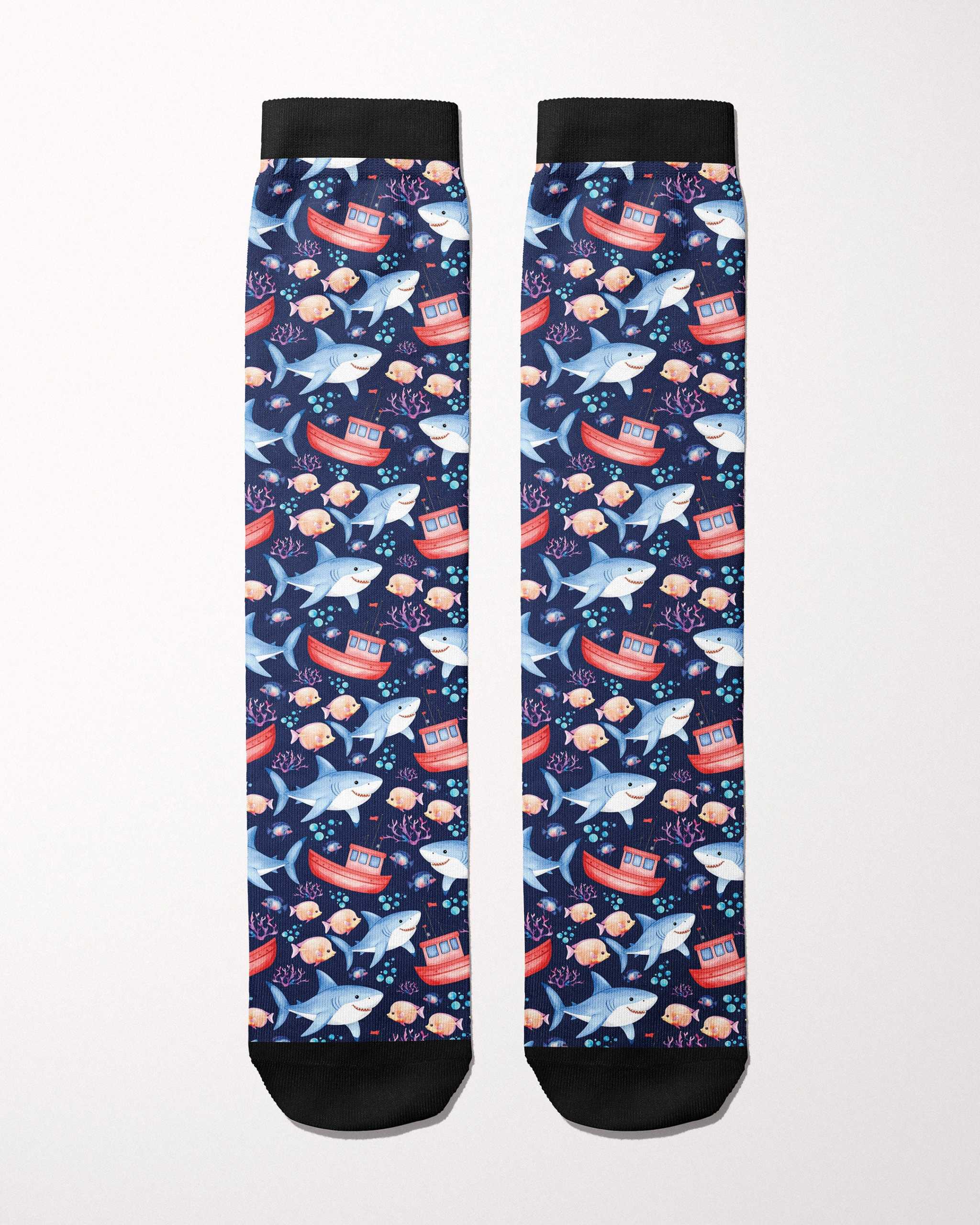 Jaws secret limited edition boot socks, showing the full pattern layout