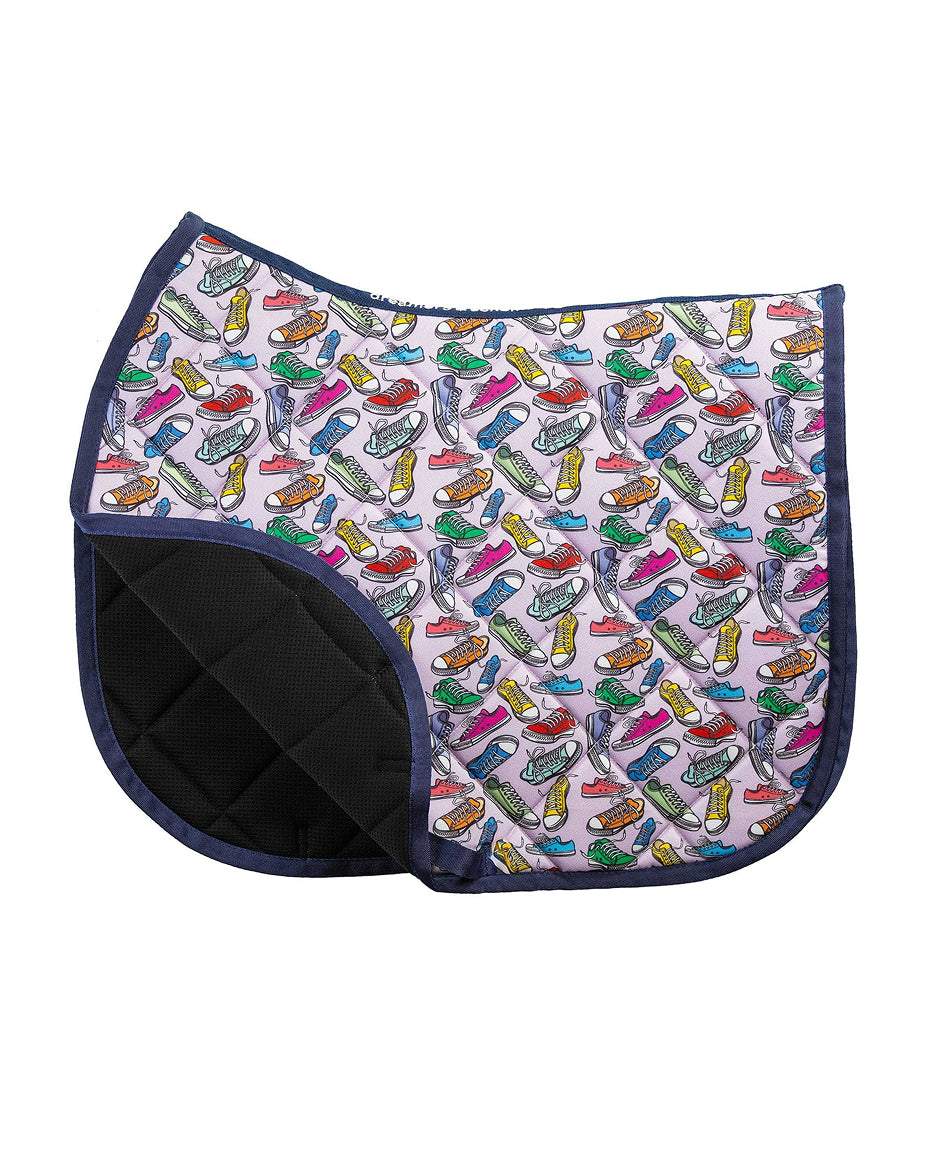 Kicks all-purpose saddle pad featuring sneaker shoe kicks, alternate angle, by Dreamers & Schemers