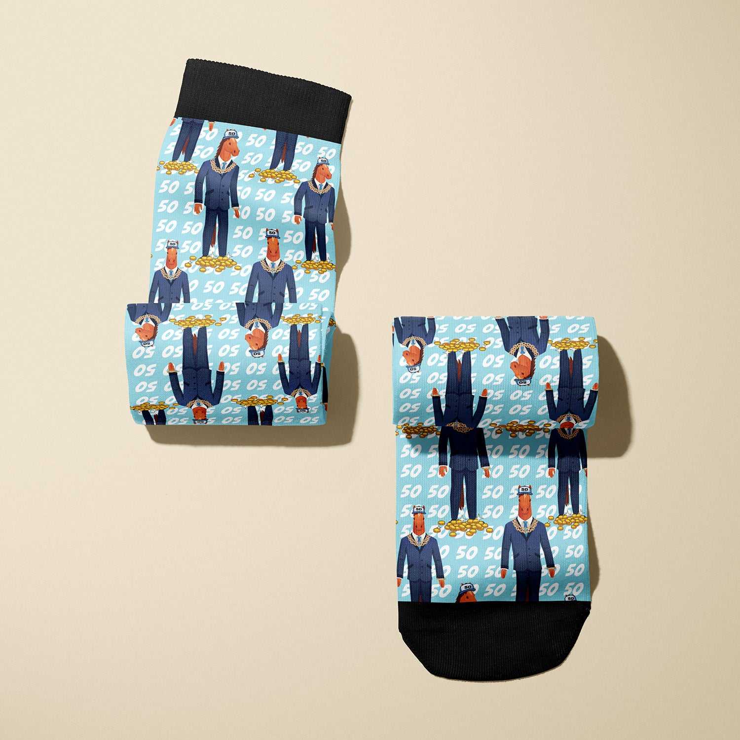 Limited edition boot socks with colorful 50 Cent graphic pattern, soft stretchy fabric blend, one size fits most, made in USA
