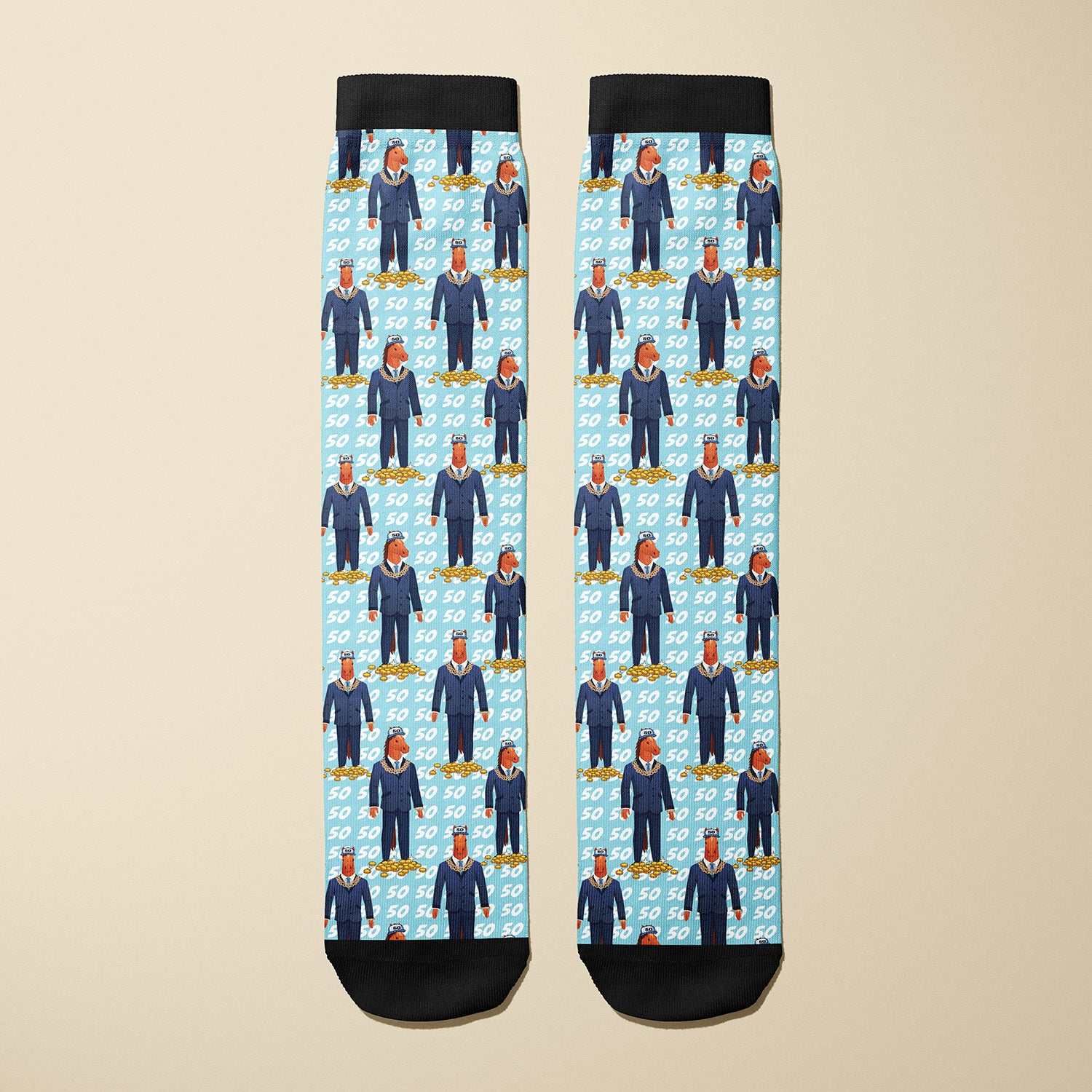 Limited Edition boot socks with illustrated figure and "50" pattern, soft and stretchy, made in USA