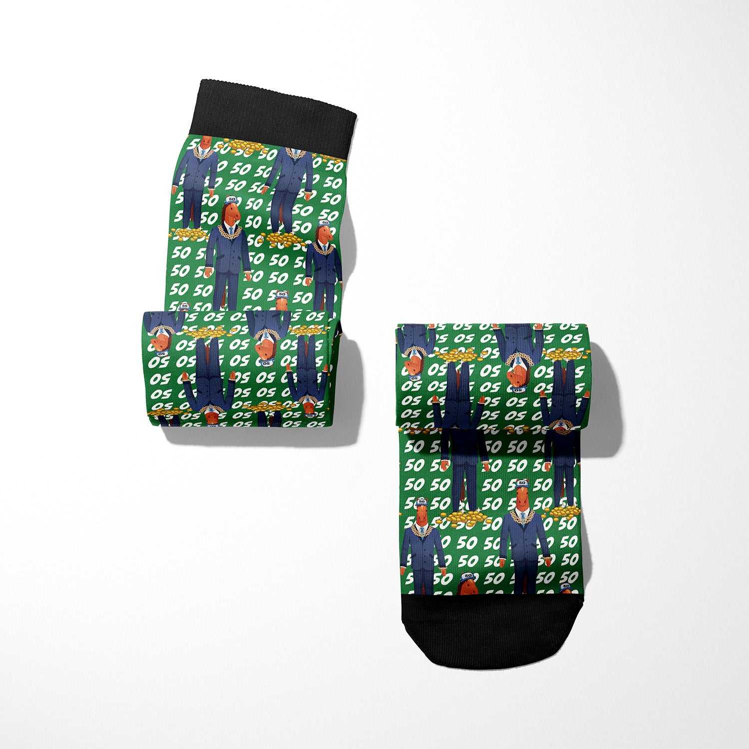 Limited edition green boot socks with 50 and figure print, soft stretchy cotton blend for equestrians