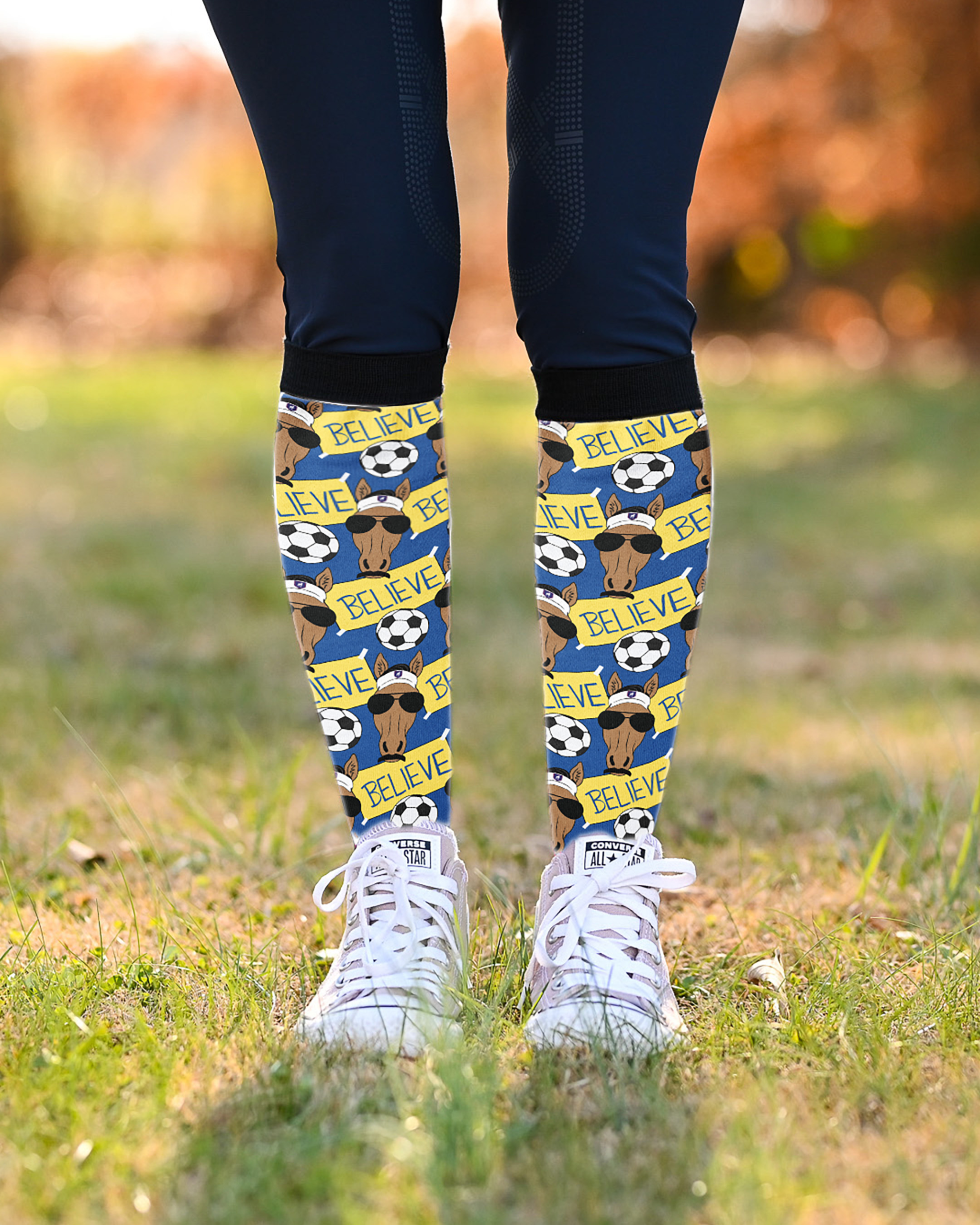 Keep Believin limited edition boot socks with blue and yellow soccer ball and coach print