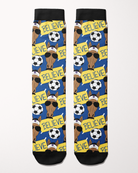 Keep Believin limited edition boot socks with blue and yellow soccer ball and coach print
