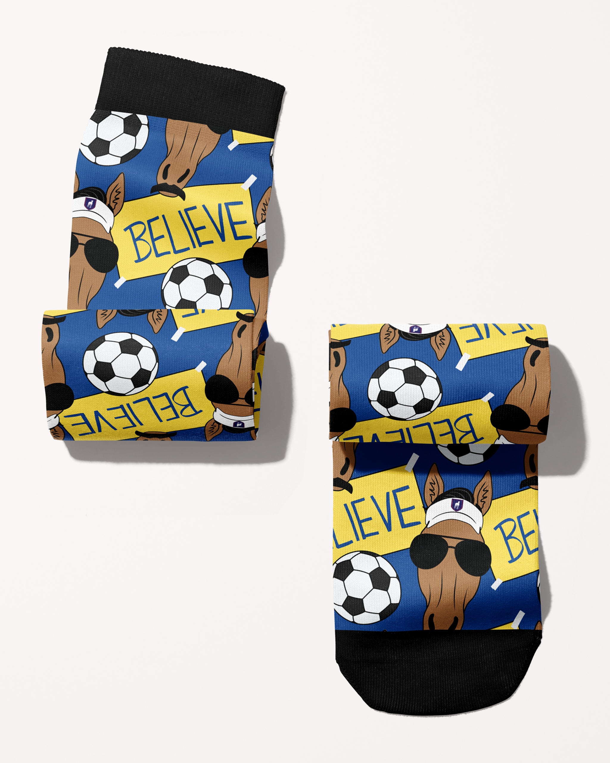Keep Believin limited edition boot socks with blue and yellow soccer ball and coach print