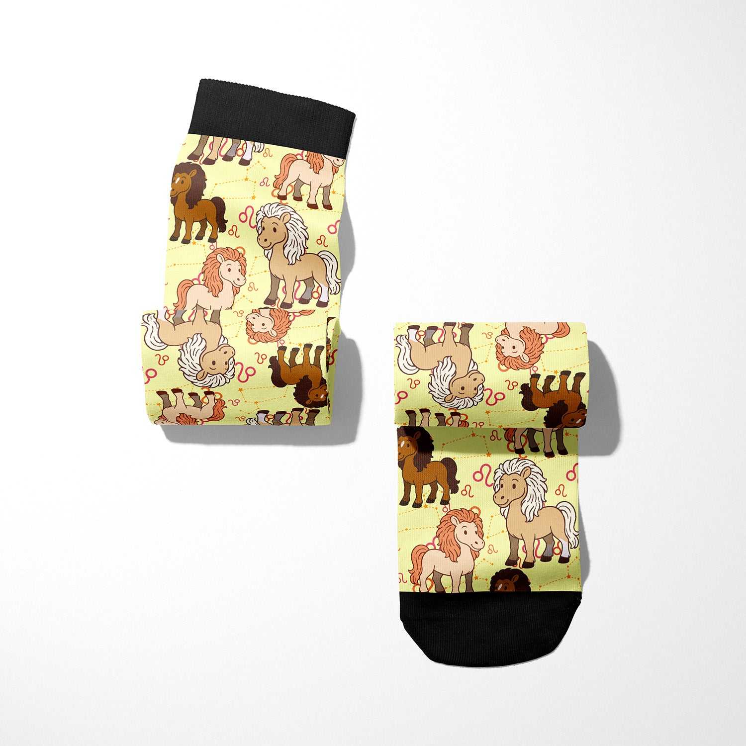 Leo zodiac themed boot socks with horse illustrations and black cuffs