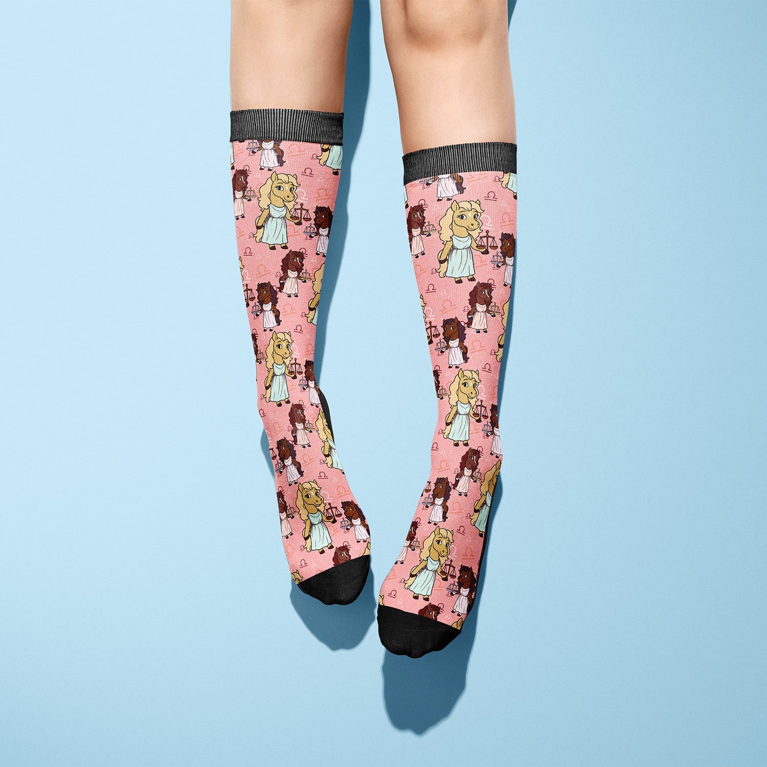 Limited edition Libra zodiac boot socks with pink pattern, made in USA, equestrian style