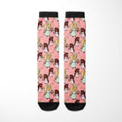 Limited edition Libra zodiac themed boot socks with pink background and cartoon equestrian characters