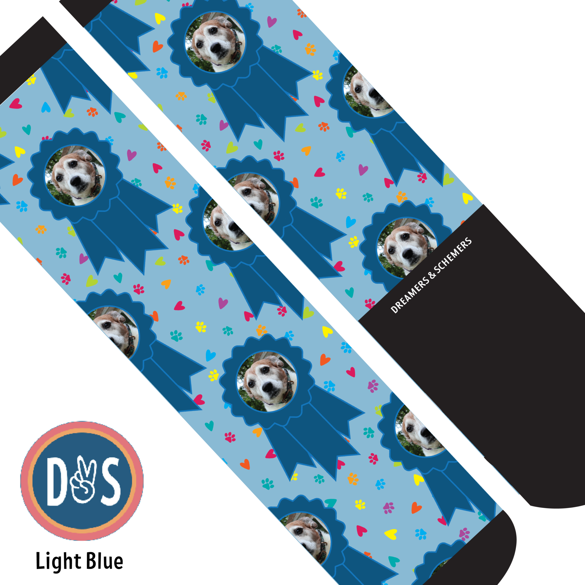 Custom blue ribbon and paw print boot socks with personalized photo design