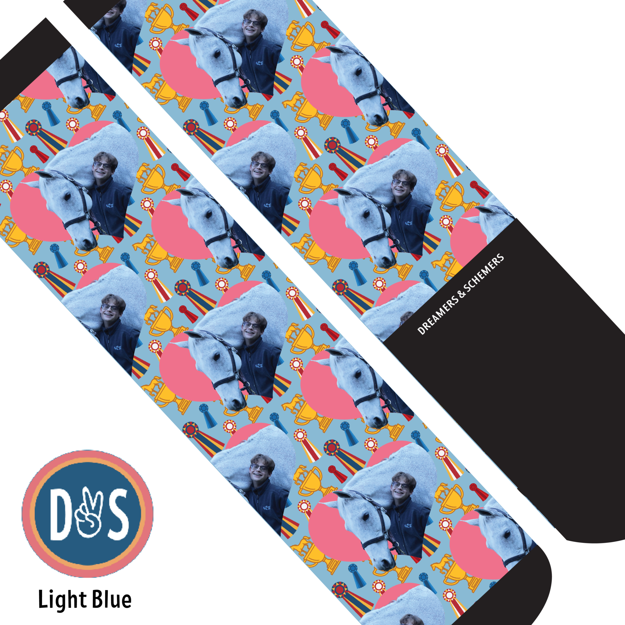 Custom Socks featuring personalized photos and heart patterns on Dreamers & Schemers Boot Socks