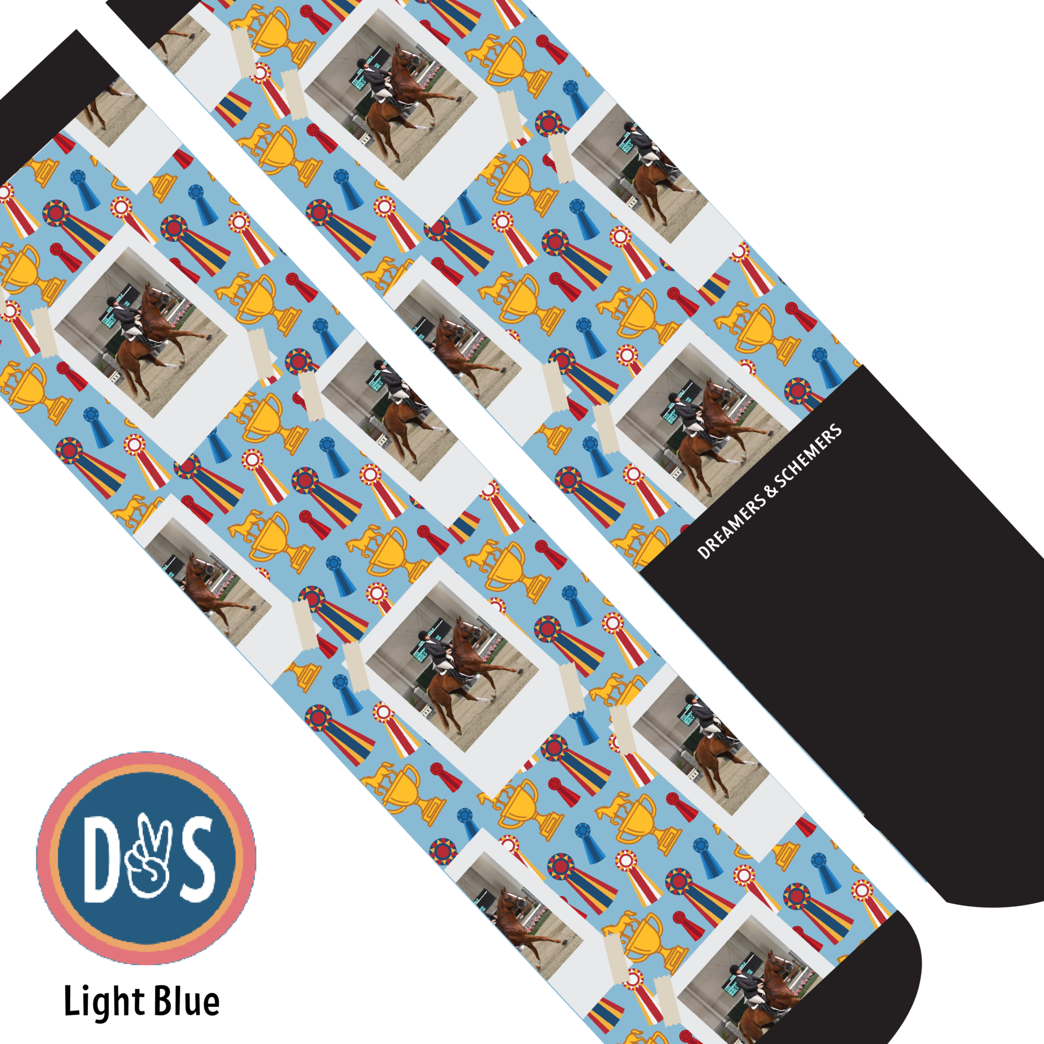 Custom boot socks with horse photo and winner trophies pattern in light blue color