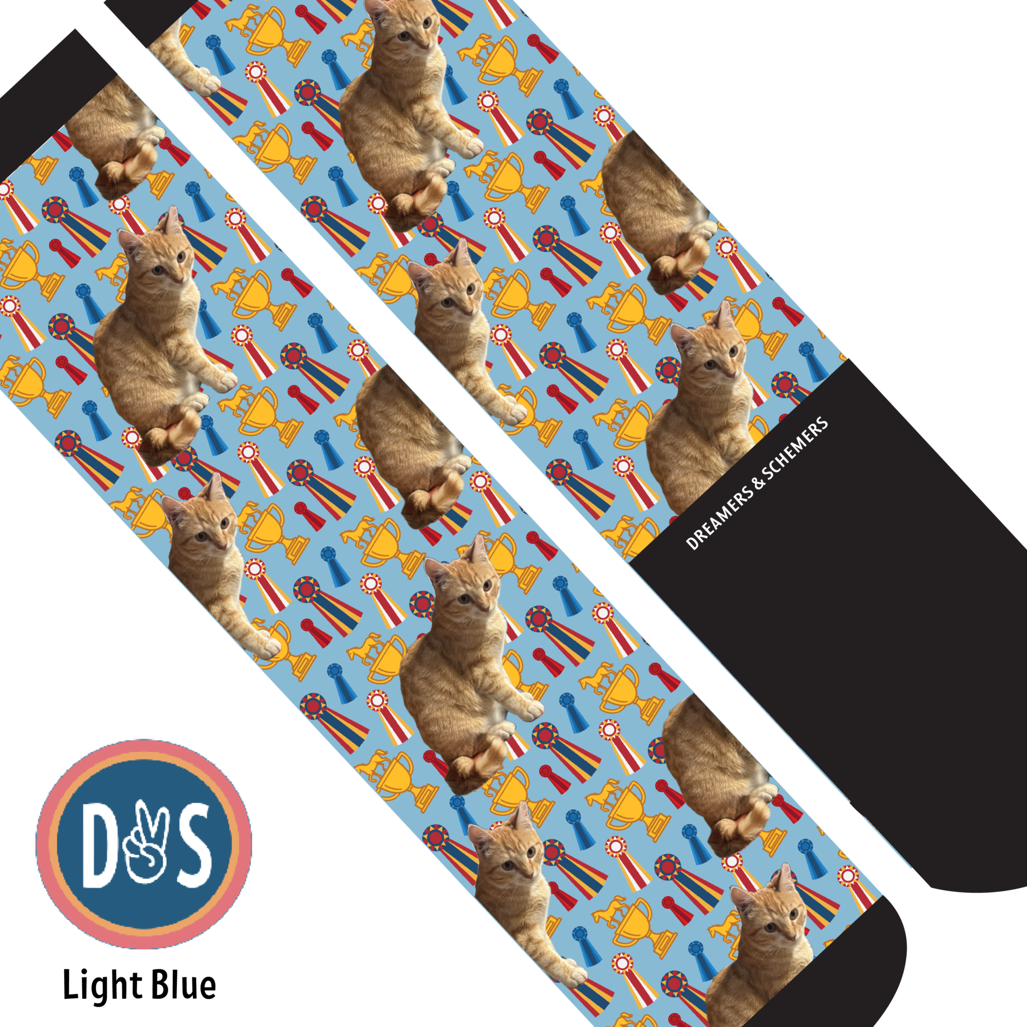 Custom boot socks with cat and trophy pattern on light blue background by Dreamers & Schemers