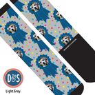 Custom boot socks with personalized photo on blue ribbon and paw print design