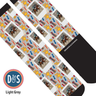 Custom light grey boot socks with horse photo and trophy pattern from Dreamers & Schemers