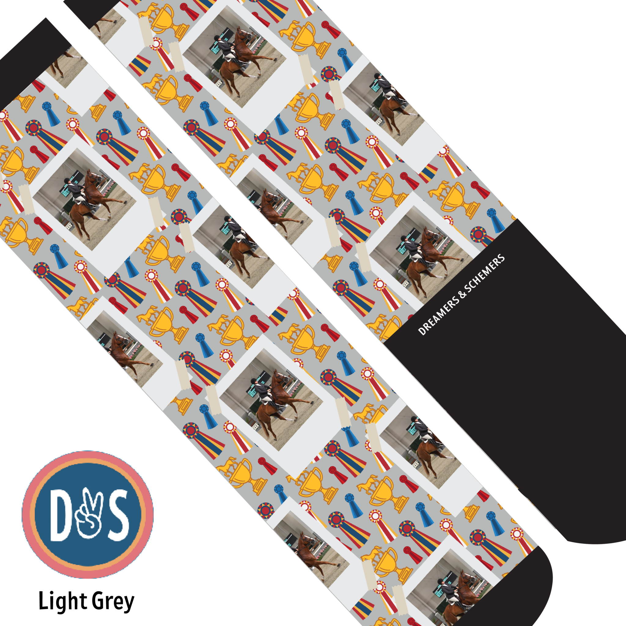 Custom light grey boot socks with horse photo and trophy pattern from Dreamers & Schemers