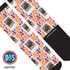 Light pink custom boot socks with horse photo and trophy ribbon pattern