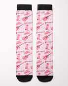 Dolly Forever socks in light pink, full pattern of cowgirl boots, guitars, hats and music notes