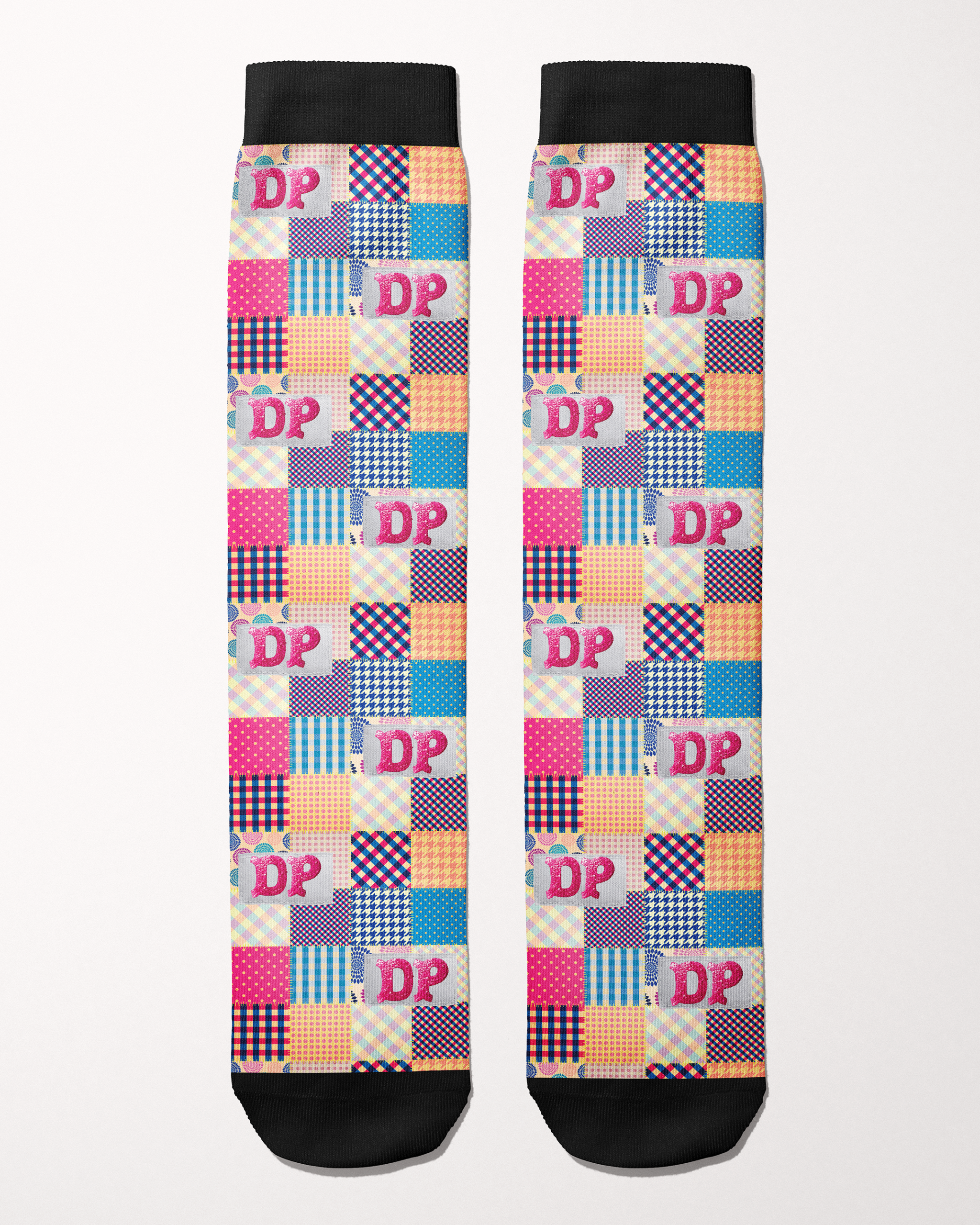Socks of Many Colors boot socks in a multicolor patchwork quilt print, by Dreamers & Schemers