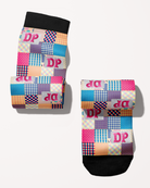 Socks of Many Colors boot socks rolled into a pair, DP patchwork pattern in pink and blue