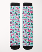 What Would Dolly Do? boot socks in mint green, full pattern of pink butterflies, florals and the WWDD? print