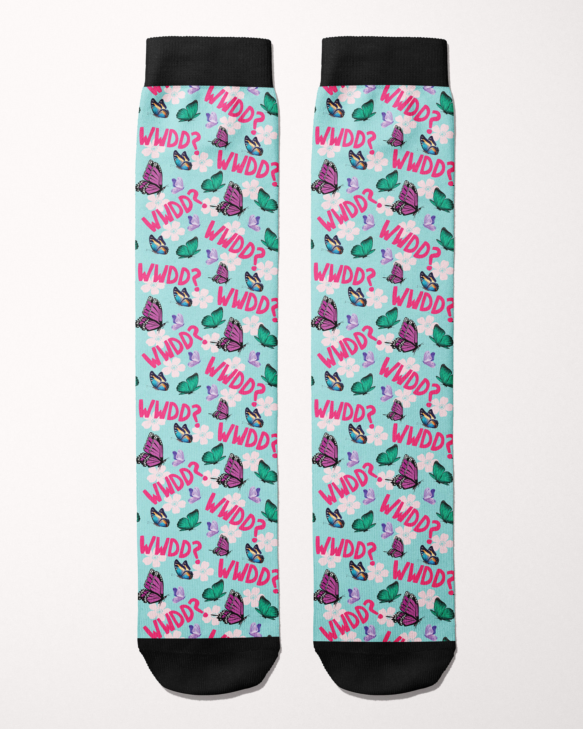 What Would Dolly Do? boot socks in mint green, full pattern of pink butterflies, florals and the WWDD? print