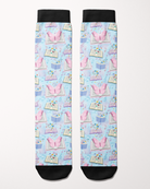 Reading 9-5 socks in soft blue and lavender, full pattern of books, music notes and butterflies