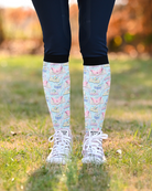 Reading 9-5 equestrian boot socks in light blue, books and pink butterflies print, by Dreamers & Schemers