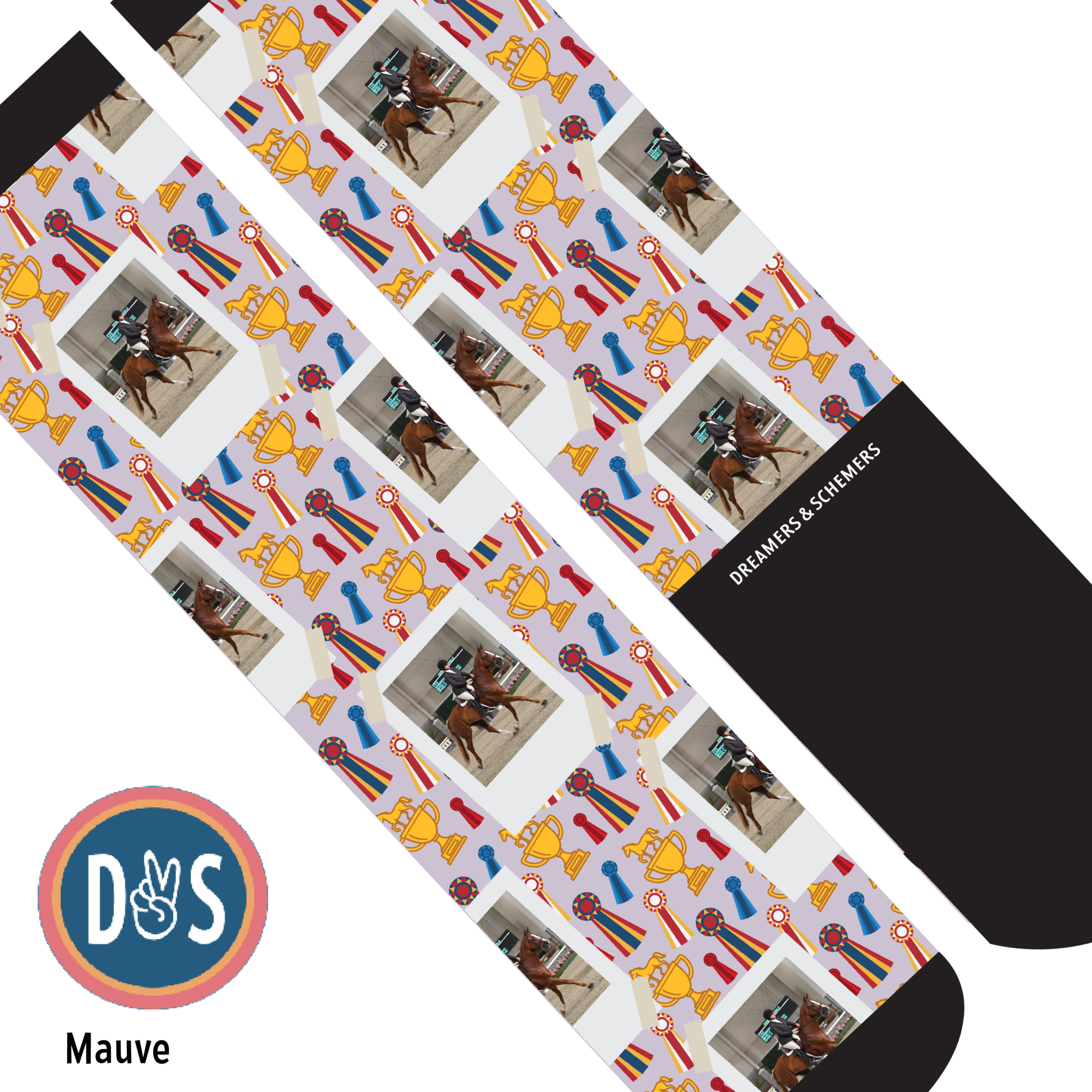 Custom boot socks with horse photo and winner trophy pattern by Dreamers & Schemers in mauve and black