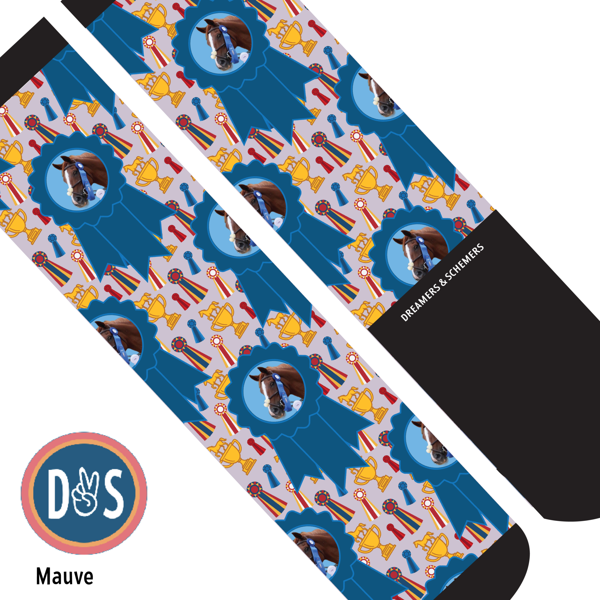 Custom blue ribbon winner boot socks with personalized photo design