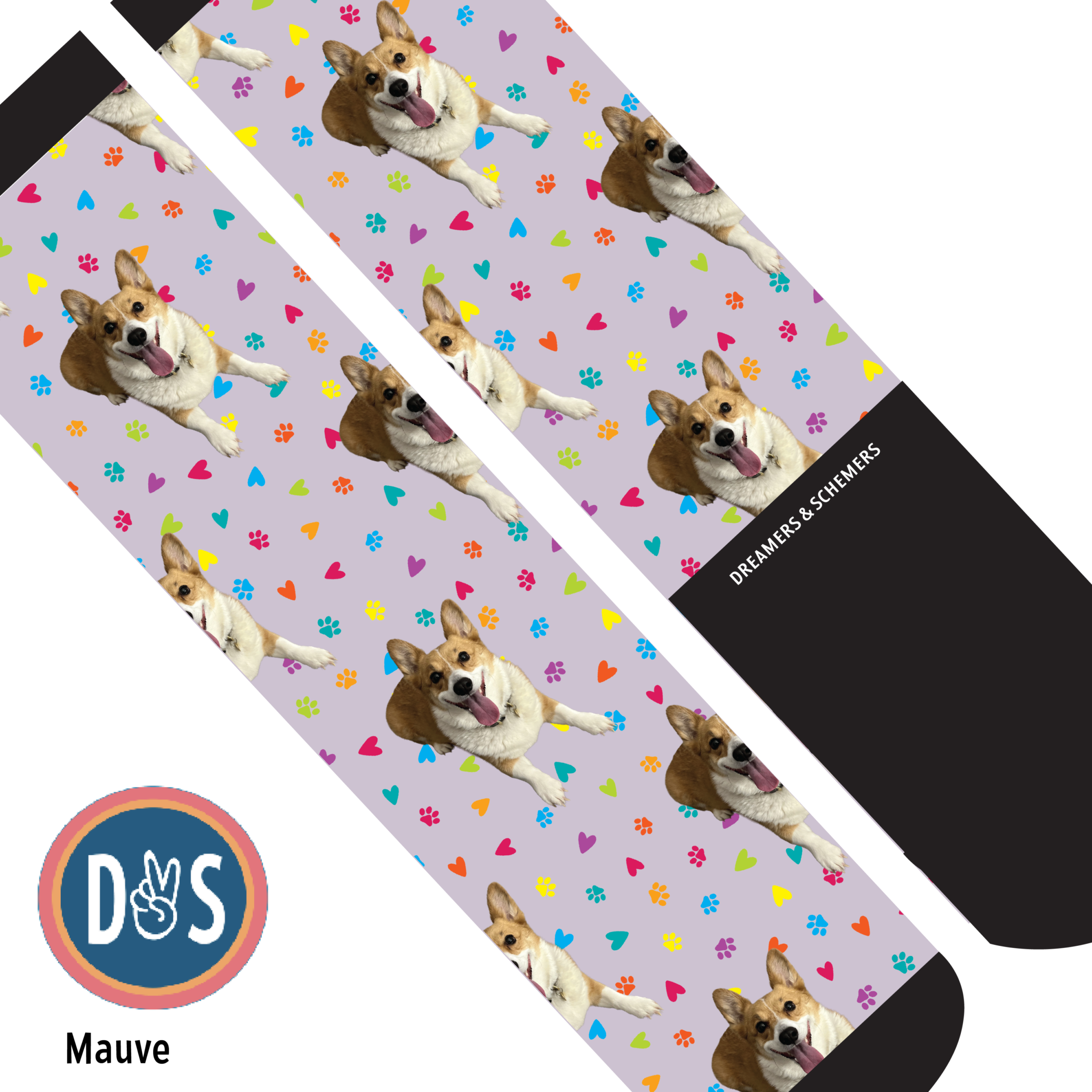 Custom boot socks with corgi dog, colorful hearts and paw prints on mauve background