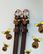 Dark brown moose spur straps on light blue with cartoon moose graphics