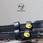 Black leather Olive Spur Straps with stainless steel buckles and custom yellow ManeJane charms