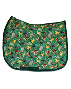 The Naughty List patterned saddle pad, full top view of the print and contrast binding, by Dreamers & Schemers