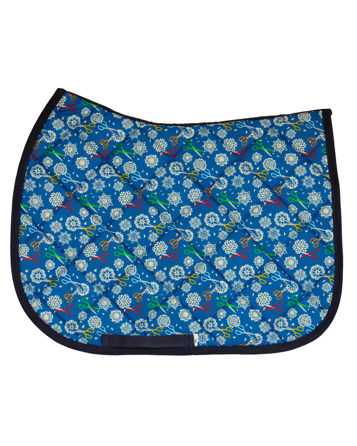 Shear Magic patterned saddle pad, full top view of the print and contrast binding, by Dreamers & Schemers