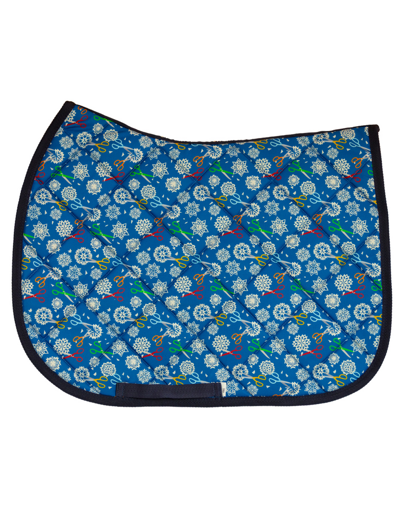 Shear Magic patterned saddle pad, full top view of the print and contrast binding, by Dreamers & Schemers