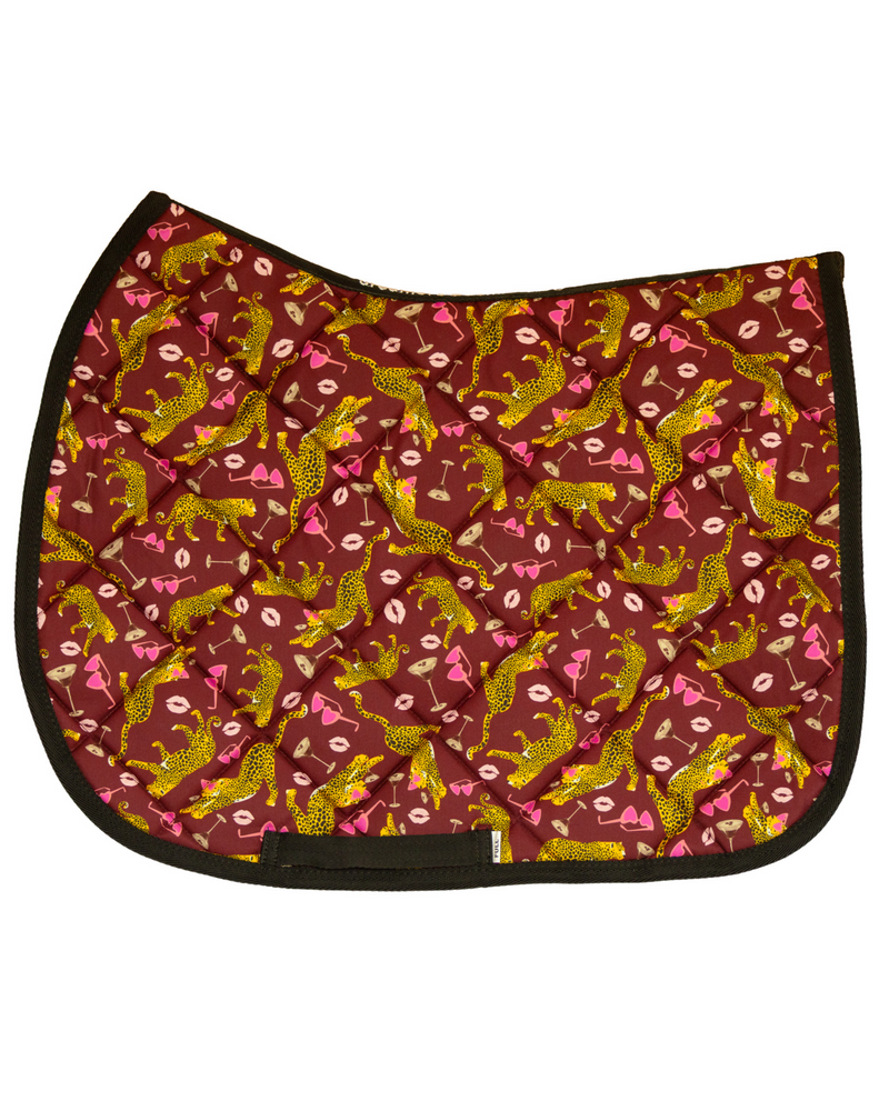 Ready to Play patterned saddle pad, full top view of the print and contrast binding, by Dreamers & Schemers