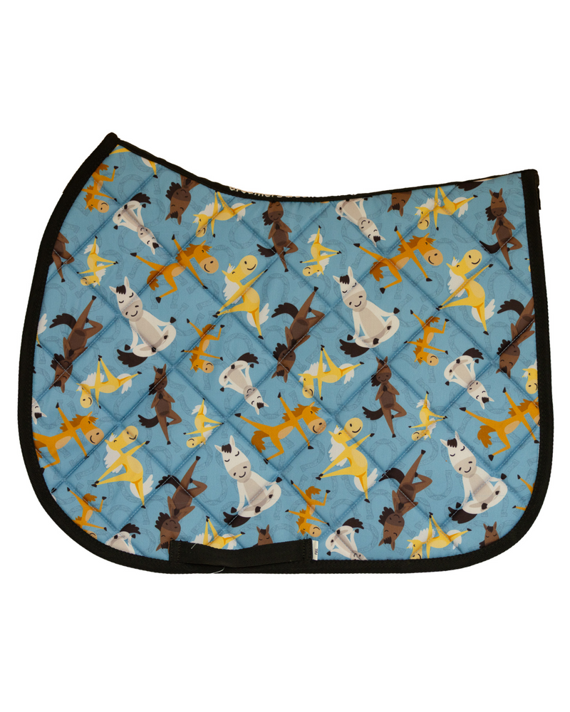 Pony Pilates patterned saddle pad, full top view of the print and contrast binding, by Dreamers & Schemers