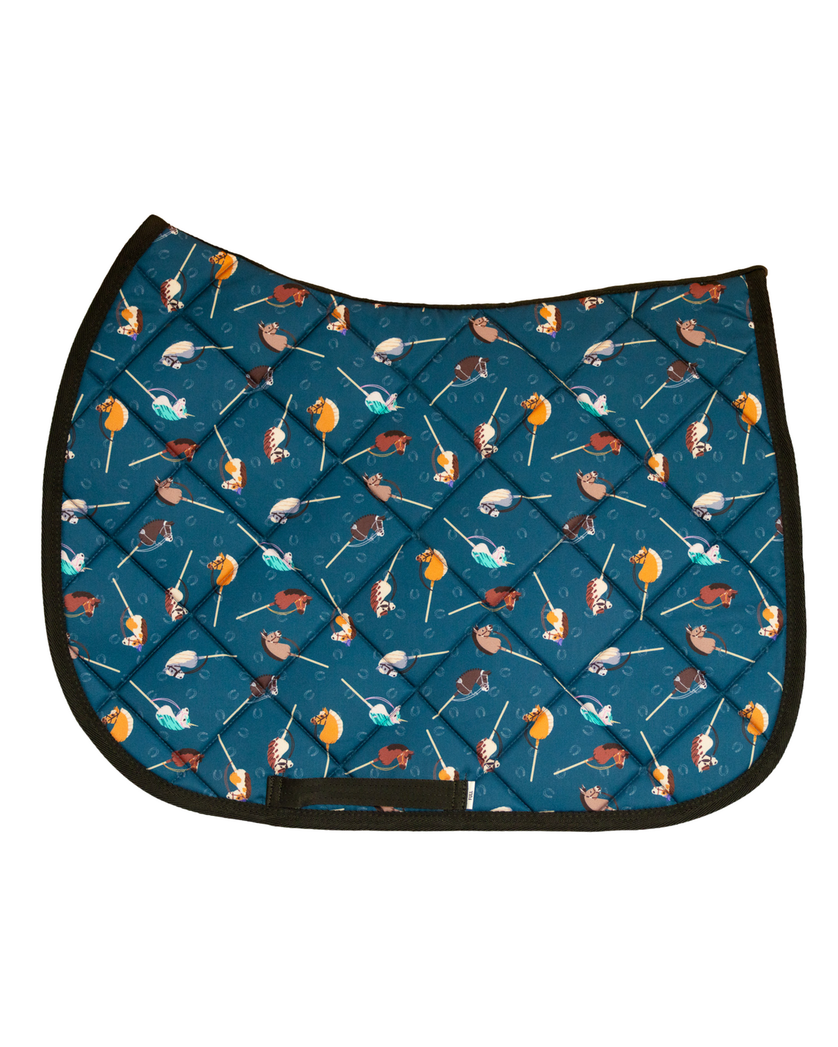 It's Not a Hobby patterned saddle pad, full top view of the print and contrast binding, by Dreamers & Schemers
