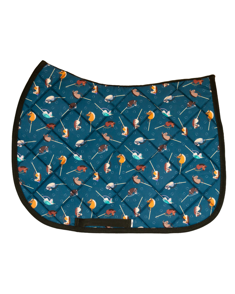 It's Not a Hobby patterned saddle pad, full top view of the print and contrast binding, by Dreamers & Schemers