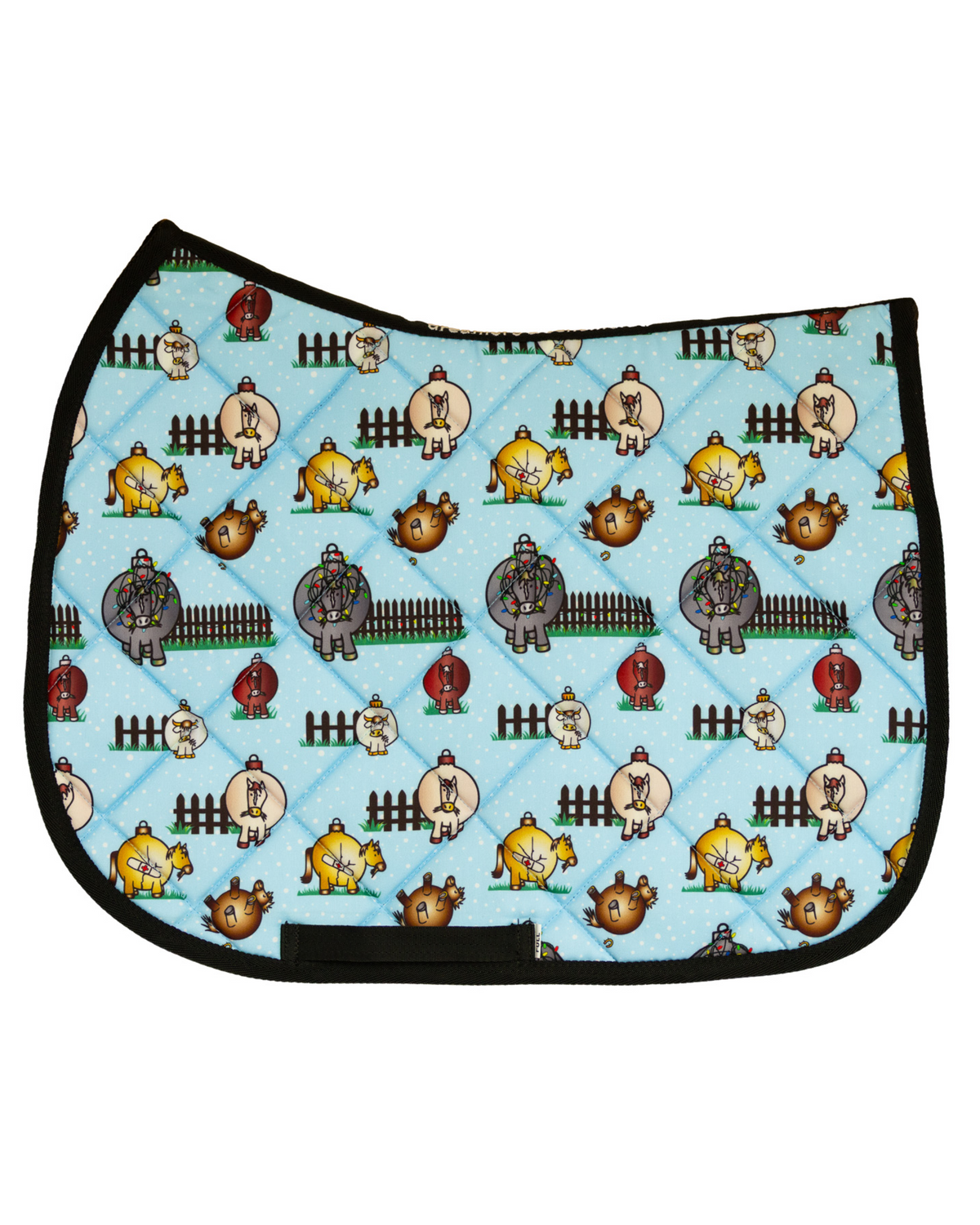 Pasture Ornaments patterned saddle pad, full top view of the print and contrast binding, by Dreamers & Schemers