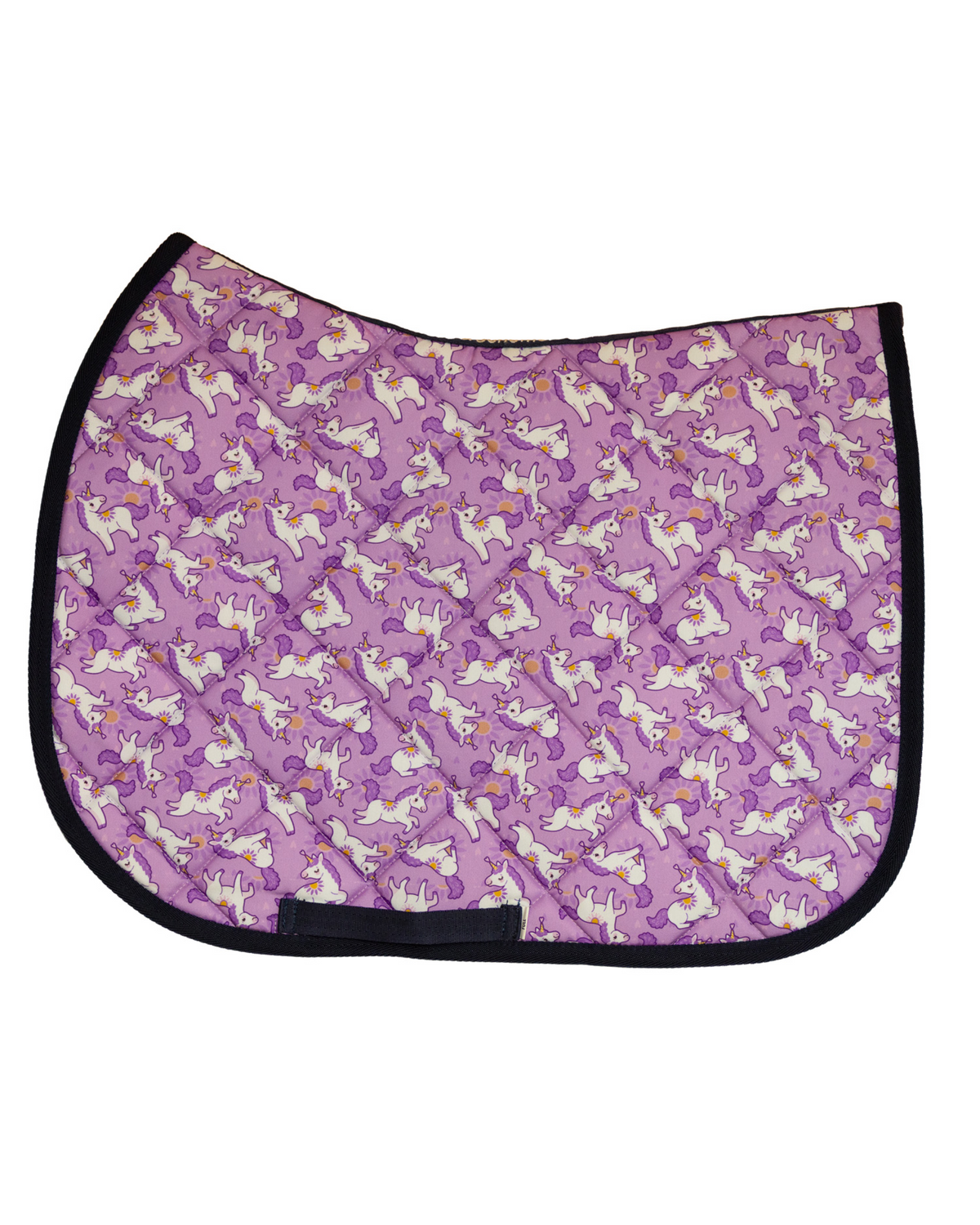 Sunshine & Unicorns patterned saddle pad, full top view of the print and contrast binding, by Dreamers & Schemers